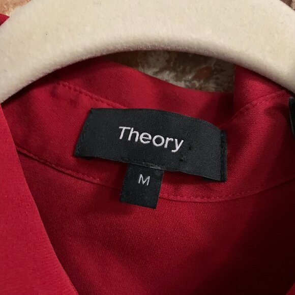 Theory Stretch Silk Women's Tie-Front Red Medium Long Sleeve Button Shirt Blouse - Picture 4 of 14